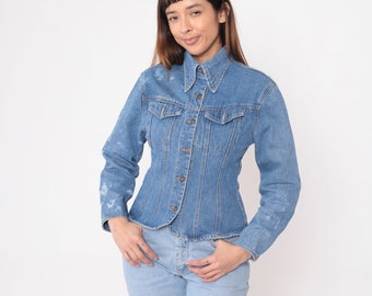 90s Jean Jacket Bleach Splatter Fitted Denim Jacket Blue Stone Wash Vintage Distressed Tight Button Up Collared Women Small