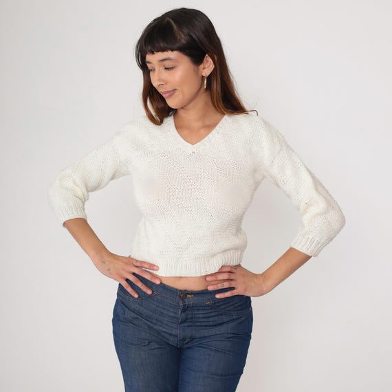 Cropped Sweater 80s White V Neck Three Quarter Sleeve Vintage Preppy Light Academia Cottagecore Romantic Feminine Knit Extra Small XS
