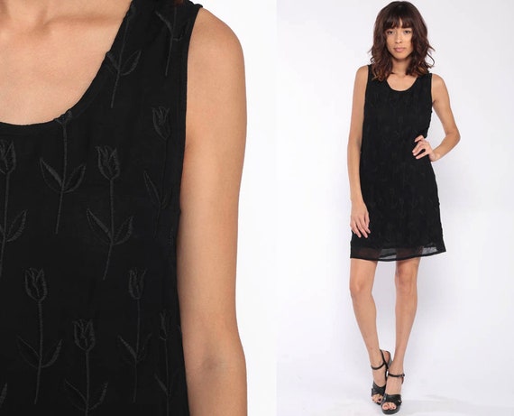 Black Grunge Dress 90s Mini FLORAL EMBROIDERED Viscose 1990s Vintage Shift Sleeveless Party Goth MiniDress Small