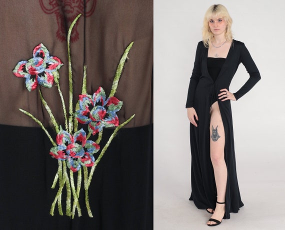 Long Black Robe 90s Silk Floral Embroidered Robe … - image 1