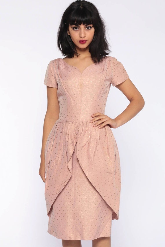 1950s Party Dress Pink Metallic TULIP SKIRT Prom Dress 50s Tea Length Formal Midi Fit and Flare Vintage Mad Men Cocktail Extra Small xs