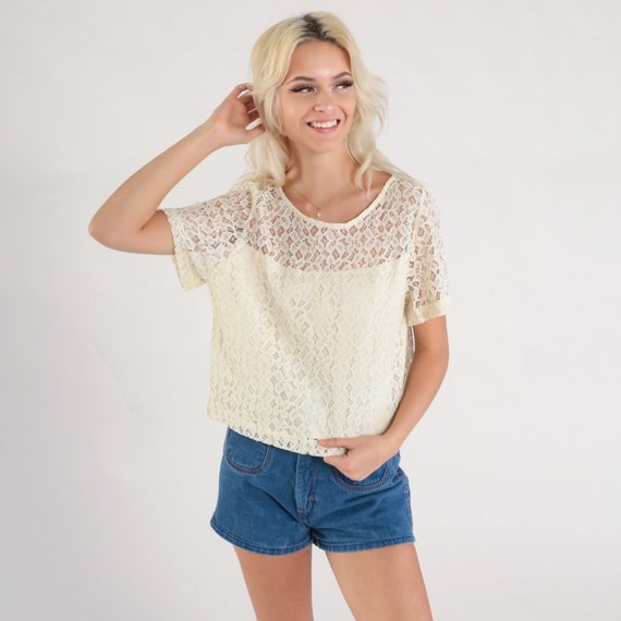 Off-White Lace Blouse 80s Illusion Neckline Boho Lace Top Party Formal Blouse Vintage Button Back 1980s Sheer Short Sleeve Cocktail Medium