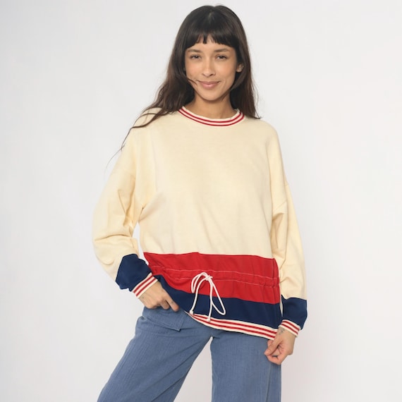 80s Colorblock Sweatshirt Cream Red Navy Blue Striped Trim Crew Neck Pullover Cotton Sporty Preppy Athletic Plus Size Extra Extra Large XXL