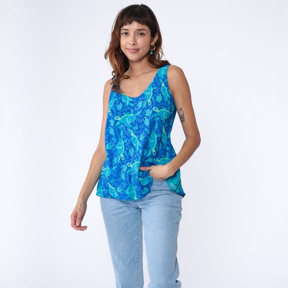 Sea Turtle Shirt Y2K Tropical Fish Tank Top Blue Retro Beach Under The Sea Boho Hippie AOP Sleeveless Blouse Vintage 00s Rayon Medium M