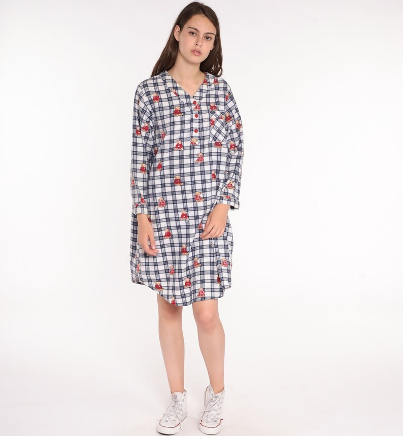 Nightgown Pajama Dress Flannel Teddy Bear Nightie 80s Checkered Retro Tshirt 1980s Kawaii Midi Medium image 3