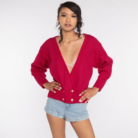 Deep Pink Sweater 90s Cardigan Sweater 80s Double Breasted Button Up 1990s Plain Knit Slouchy Vintage Retro Petite Medium