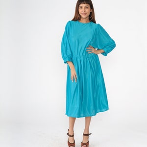 80s Dolman Sleeve Dress Turquoise Blue Striped Midi Dress High Waisted Retro Batwing Sleeve Secretary Day Dress Vintage 1980s Large