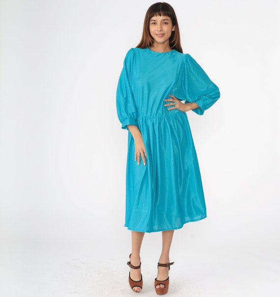 80s Dolman Sleeve Dress Turquoise Blue Striped Midi Dress High Waisted Retro Batwing Sleeve Secretary Day Dress Vintage 1980s Large