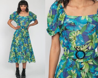 Tropical Bohemian Dress Puff Sleeve 70s Midi Floral Print Boho Hippie 1970s Vintage Low Waist Green Blue Belted Small Medium