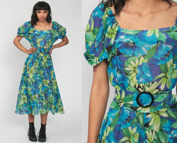 Tropical Bohemian Dress Puff Sleeve 70s Midi Floral Print Boho Hippie 1970s Vintage Low Waist Green Blue Belted Small Medium
