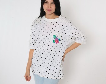 Vintage 90s Trend Basics Polka Dot Pocket T-shirt White Green 