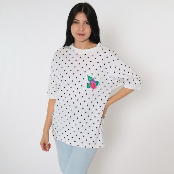Vintage Polka Dot Shirt White Black T-Shirt Distressed Floral Pocket Retro Dot Print Top Simple Casual Short Sleeve 1990s Medium M