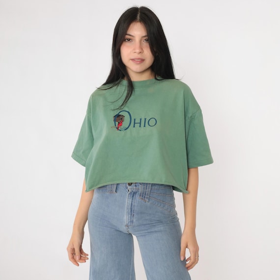Vintage 90s Ohio T-Shirt Faded Green Cardinal Bird Graphic Tee Raw Hem Crop Top Embroidered Retro Tourist TShirt 1990s Medium M