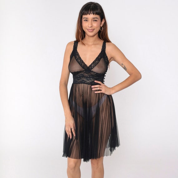 Y2K Sheer Black Slip Dress Pleated Lace Empire Waist Lingerie Chemise Nightgown Mini Dress Vintage 00s Surplice V Neck Sleep Sexy Small