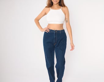 80s Straight Leg Jeans High Waisted Rise Jeans Retro Dark Wash Denim Pants Blue Relaxed Vintage 1980s H.I.S Chic Large 32 x 35 Tall