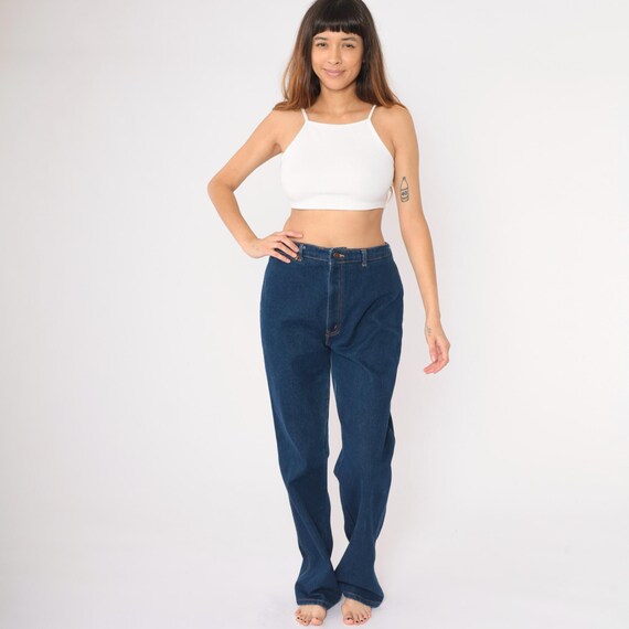 80s Straight Leg Jeans High Waisted Rise Jeans Retro Dark Wash Denim Pants Blue Relaxed Vintage 1980s H.I.S Chic Large 32 x 35 Tall