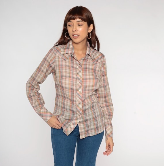 Metallic Western Shirt 70s Paper Thin Plaid Shirt Pearl Snap Brown Button Up Top Vintage Southwestern Country 1970s Checkered Small Medium