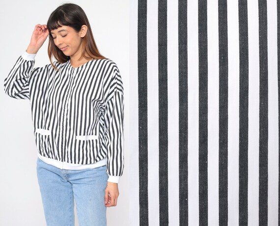 80s Striped Shacket Black White Jacket Hidden Snap Up Cotton Pocket Jacket Retro Basic Simple Lightweight Vintage 1980s Oversized Medium M