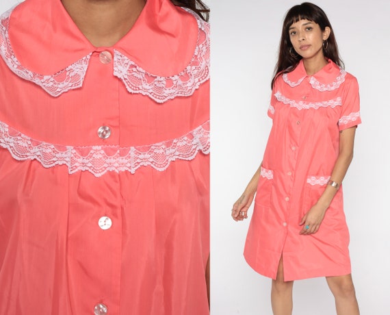 60s House Dress PINK Lace Day Dress Loungewear Bo… - image 1
