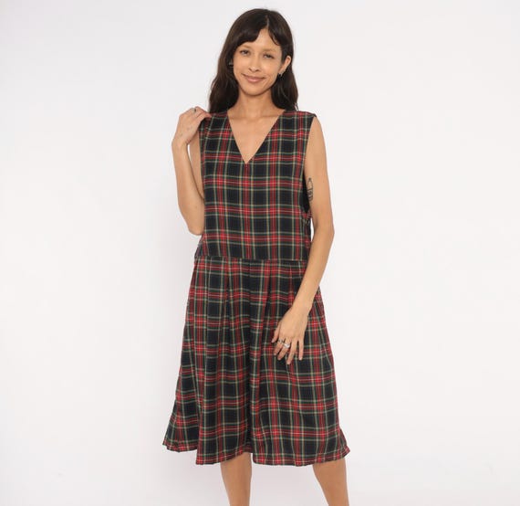 90s Plaid Jumper Dress Sleeveless V Neck Drop Waist Pleated Skirt Tartan Navy Red Green School Uniform Preppy Academic Vintage Large L