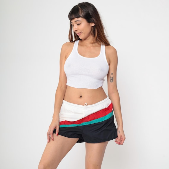 90s Speedo Swim Trunks Black White Color Block Striped Beach Shorts Surf Nylon Drawstring Waist Retro Surfer Vintage 1990s Men's Medium