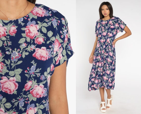 Blue Floral Dress 90s Grunge Midi Low Waist Rose Print Pocket Bohemian Short Sleeve 1990s Rayon Button Back Pleated Pink Flower Medium
