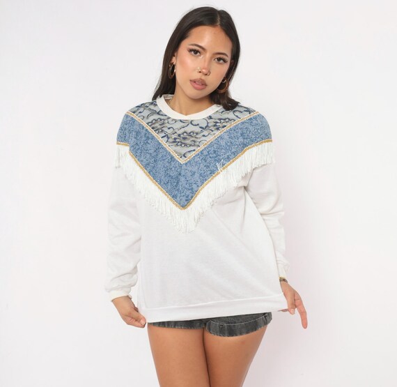 90s White Fringe Sweatshirt Blue Tapestry Yoke Long Sleeve Gold Trim Sheer Lace Chevron Western Boxy Fit Ivory Top Prairie Vintage Medium M