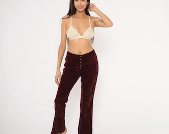 Western 70s Burgundy Velvet Pants Flare Leg Wine Crushed Bell Bottoms Low Rise Embroidered Bootcut Trousers Maroon Cranberry Hippie Medium M