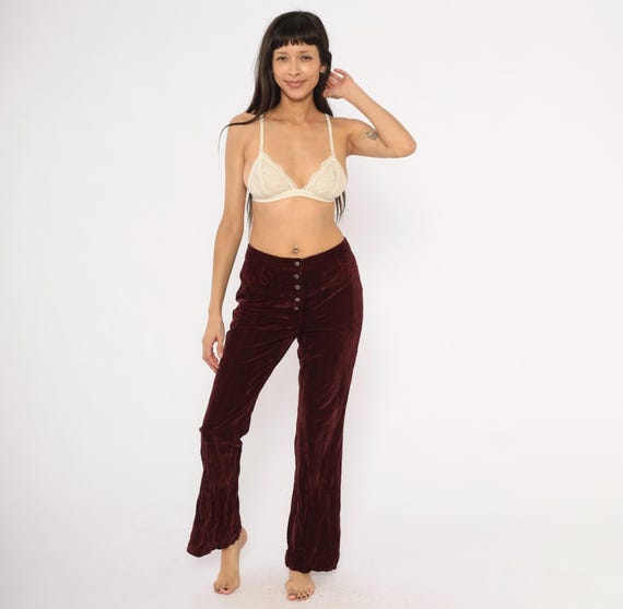 Western 70s Burgundy Velvet Pants Flare Leg Wine Crushed Bell Bottoms Low Rise Embroidered Bootcut Trousers Maroon Cranberry Hippie Medium M