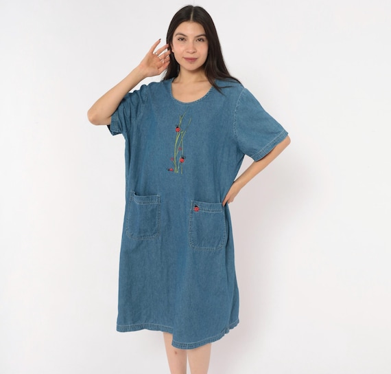 Ladybug Embroidered Denim Dress 90s Blair Cotton Shift Blue Patch Pocket Pullover Short Sleeve Chambray Summer Cottagecore Extra Large XL