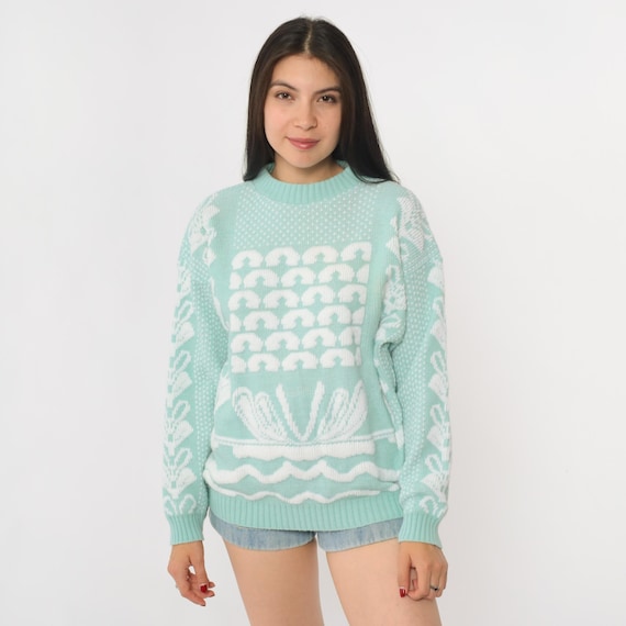 80s Mint Green Sweater Crew Neck Long Sleeve Vintage Patterned Knit Pullover Oversized Geometric Pastel Spring Casual Preppy Retro Medium M