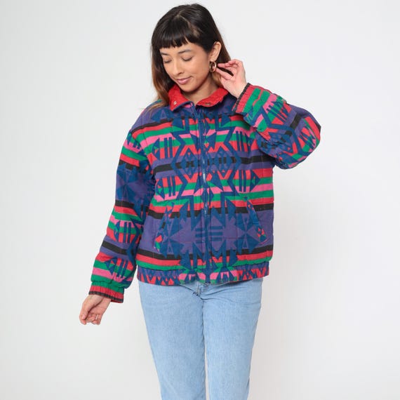 Geometric Print Windbreaker 90s Reversible Zip Front Southwest Pattern Red Blue Purple Vintage Streetwear Oversized Bold Statement Small S