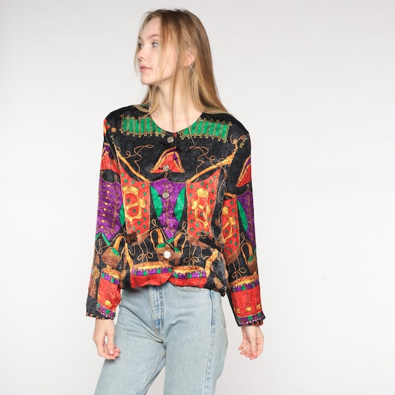 Baroque Shirt 90s Blouse Black Medieval Flag Print Grunge Button Up Top 1990s Long Sleeve Vintage Black Gold Blouse Large L