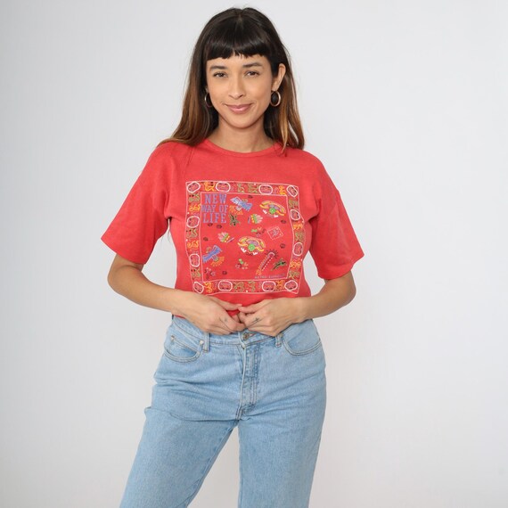 Vintage 90s Crop T-Shirt Red Graphic Tee New Way Of Life Aztec Mesoamerican Style Print Animal Symbols 1990s Cutoff Hem Extra Small xs