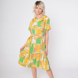 60s Psychedelic Dress Mod Patchwork Geometric Print Midi Dress Boho 70s Hippie Pleated Bohemian Shift Vintage 1960s Gogo Short Sleeve Large
