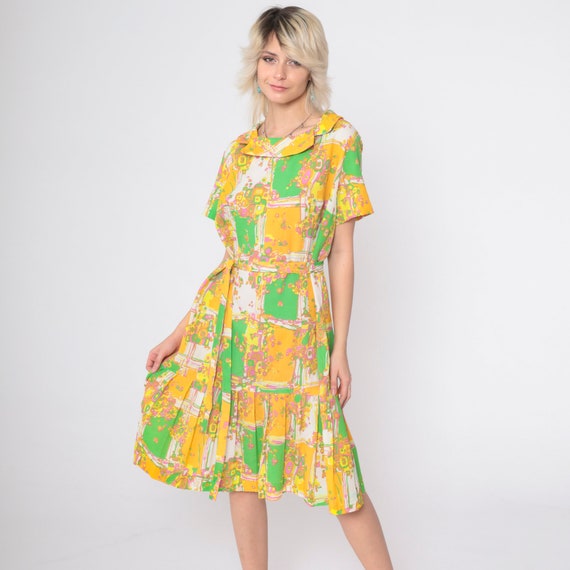 60s Psychedelic Dress Mod Patchwork Geometric Print Midi Dress Boho 70s Hippie Pleated Bohemian Shift Vintage 1960s Gogo Short Sleeve Large