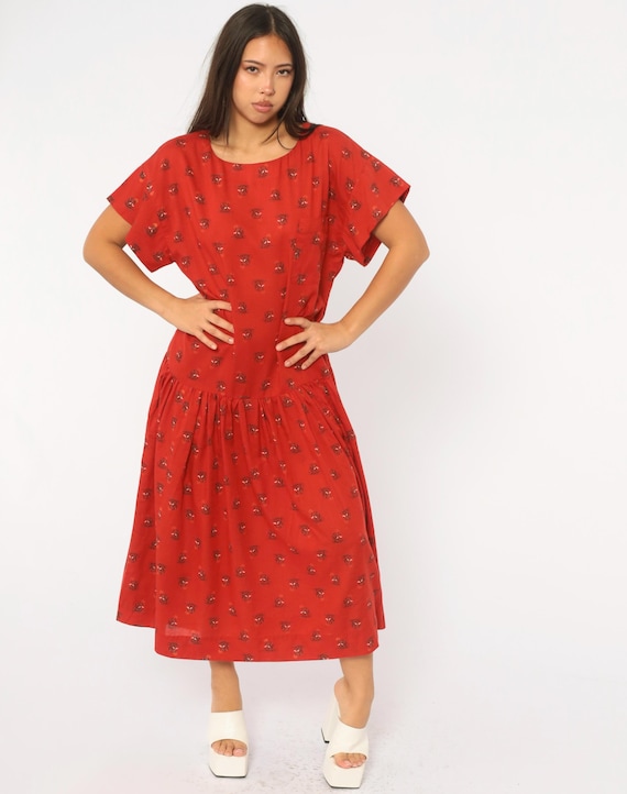 80s Elephant Print Dress Red Cotton Drop Waist Midi Short Sleeve Chest Pocket Black Animal Boxy Loose Summer Sundress Safari Large L