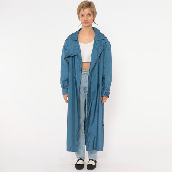 80s Blue Trench Coat Nylon Raincoat Belted Rain Jacket Storm Flap Epaulettes Long Duster Shiny Notched Lapel  Vintage Womens Medium M