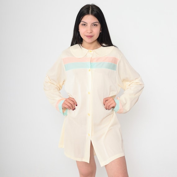 60s Nightgown Dress Cream Striped Peter Pan Collar Pajama Dress Pastel Mod Mini Shift 1960s Vintage Lounge Dress Button up Large