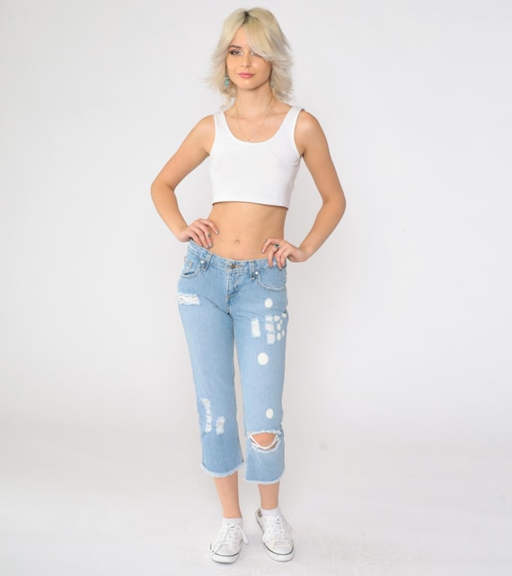 Y2K Distressed Capri Jeans 00s Light Blue Mudd Bleach Splattered Denim Mid Rise Knee Rip Cropped Vintage Small 3