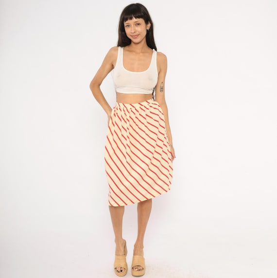 60s Candy Stripe Skirt Red Cream Diagonal Striped Gathered Waist Ivory Summer Preppy Collegiate Vintage Bryn Mawr Scarlet Pin Extra Small XS