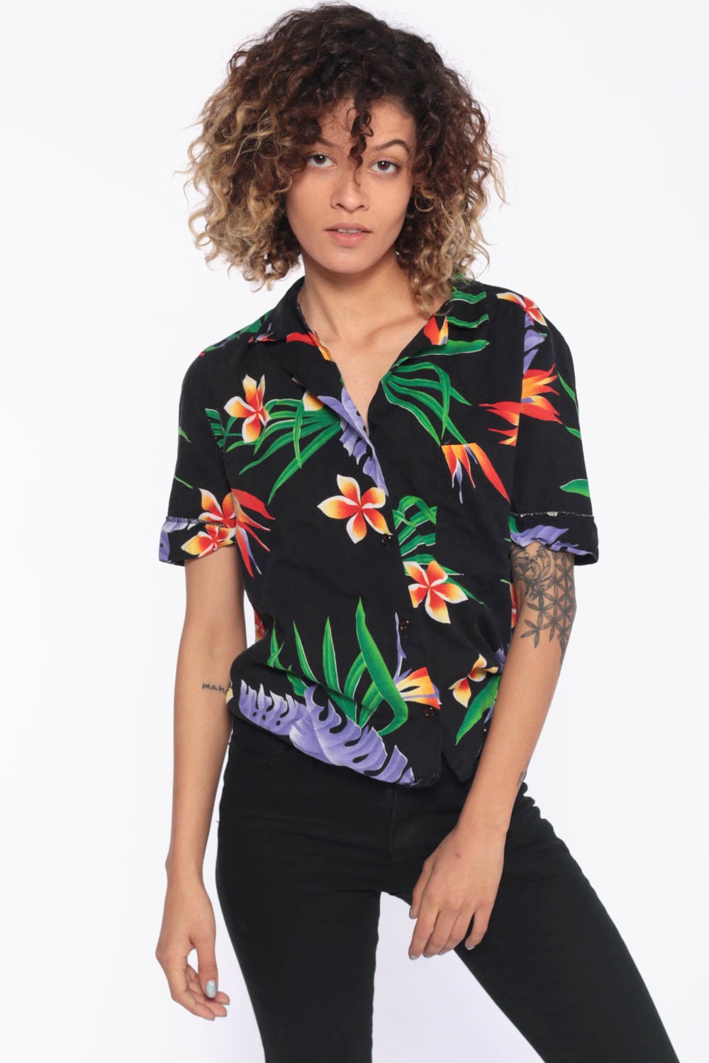 90s Black Hawaiian Shirt -- Black Tropical Shirt 1990s PALM TREE Blouse ...