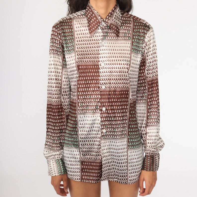 70s Bird Shirt Brown Boho Shirt Bohemian Top Swallow Shirt Geometric Novelty Print Button Up 1970s Hippie Long Sleeve Vintage Medium