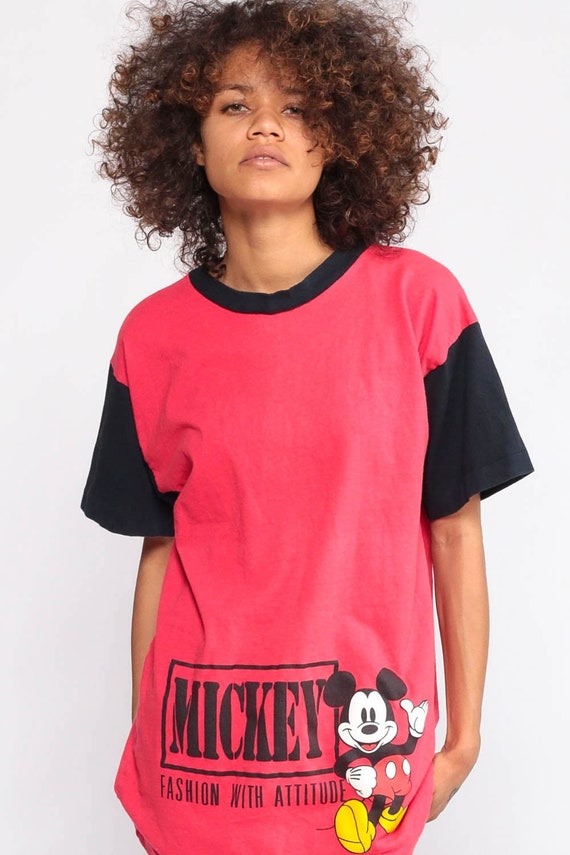 Mickey Mouse Shirt FASHION WITH ATTITUDE Walt Disney T Shirt 90s Graphic Cartoon T Shirt Vintage Retro Tee 1990s Red Medium