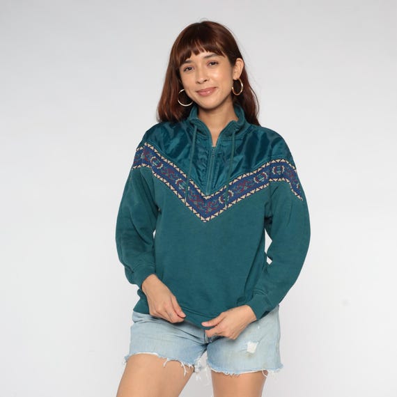 90s Southwestern Pullover Embroidered Quarter Zip Teal Sweatshirt Chevron Pattern Tribal Grunge Winter Gorpcore Forest Green Vintage Small S
