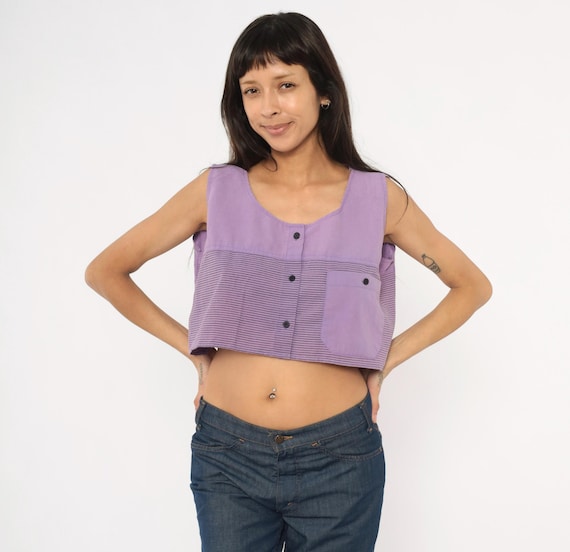 90s Lilac Crop Top Sleeveless Blouse Purple Striped Cotton Tank Lavender Violet Summer Beach Vacation Shirt Boxy Fit Vintage Extra Large XL
