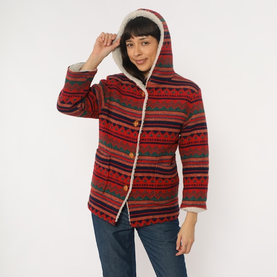 70s Southwestern Hoodie Sherpa Lined Pattern Red Navy Orange Green Button Front Wool Tribal Print Vintage Jacket Cozy Winter Extra Small XS