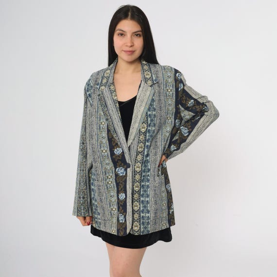 Floral Tapestry Blazer 90s Judy Knapp Blue Cotton Flax Blend Single Button Front Lightweight Jacket Long Sleeve Patterned Large L