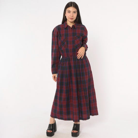 80s Plaid Flannel Dress Burgundy Navy Cotton Shirt Collar Button Front Long Sleeve Wine Check Prairie Cottagecore Pocket Vintage Medium M