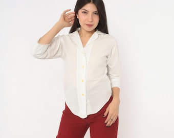 70s White Cotton Blouse Lace Trim Button Front Three Quarter Sleeve Lady Manhattan V Neck Cottagecore Prairie Summer Vintage Extra Small XS